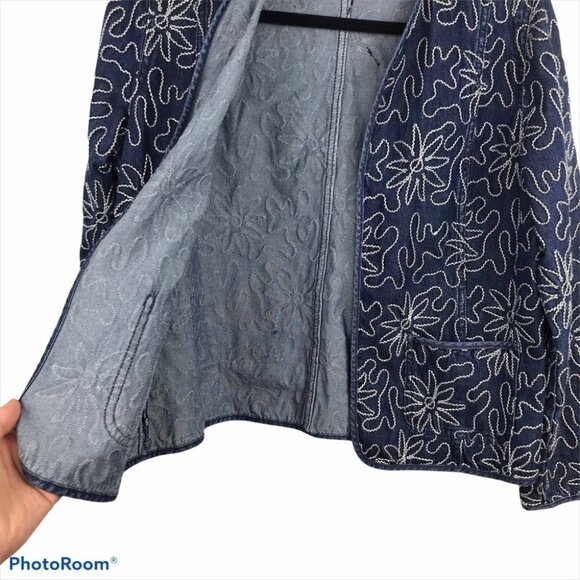 TanJay Floral Embroidered Oversized Denim Open Front Jacket Tencel cotton S P - Picture 3 of 13